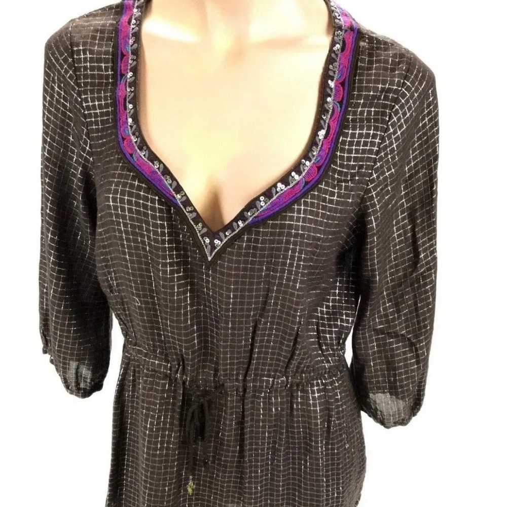 VTG Free People  Checkered quarter sleeve v neck blouse Sz M